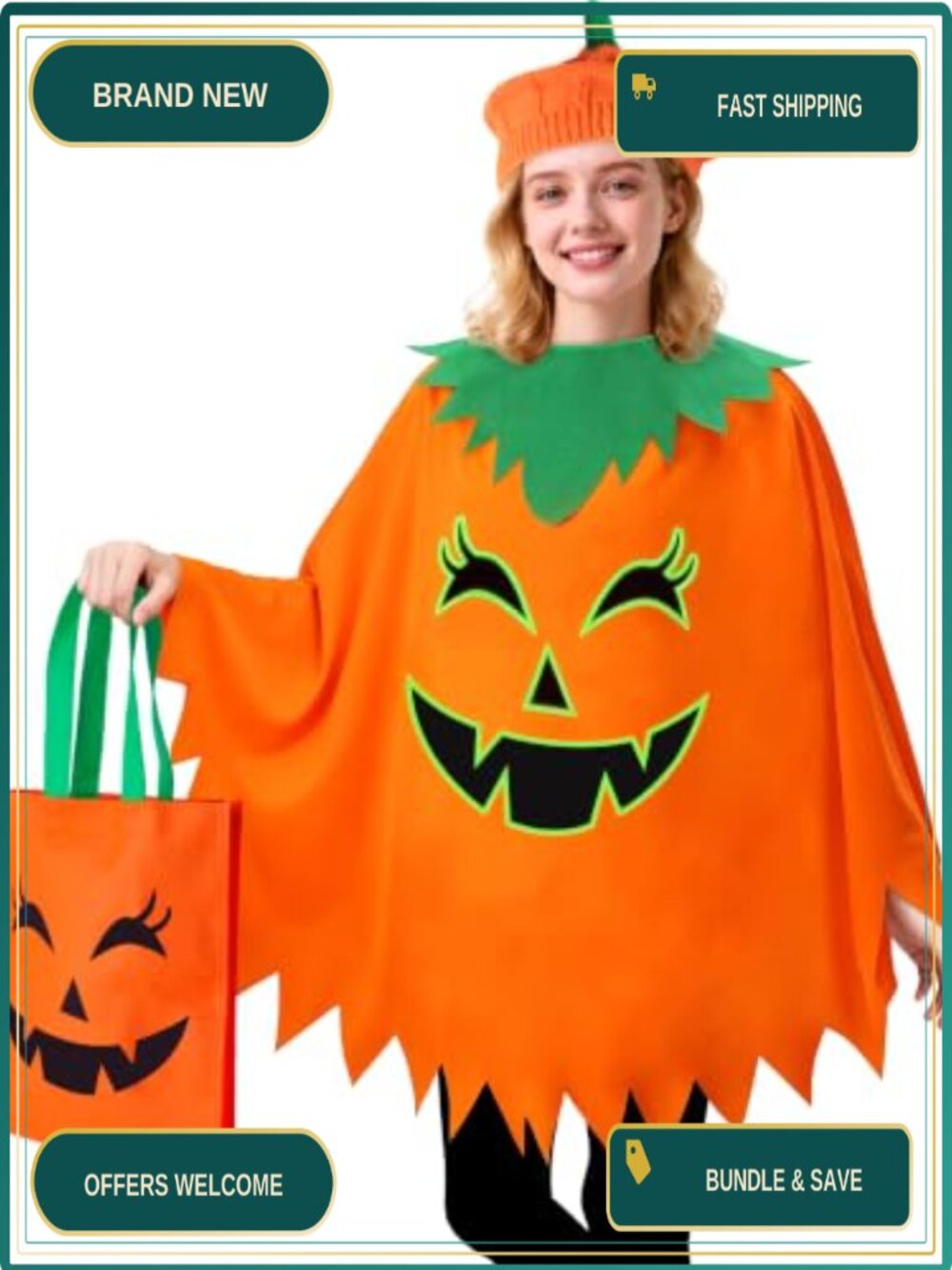 Glow in the Dark Pumpkin Halloween Costume for Women Poncho Hat Bag 3 Piece Set